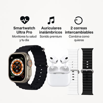 Liquidación por Cierre: Pack Ultra Pro™: Smartwatch + 2 Correas + Auriculares Premium Gratis