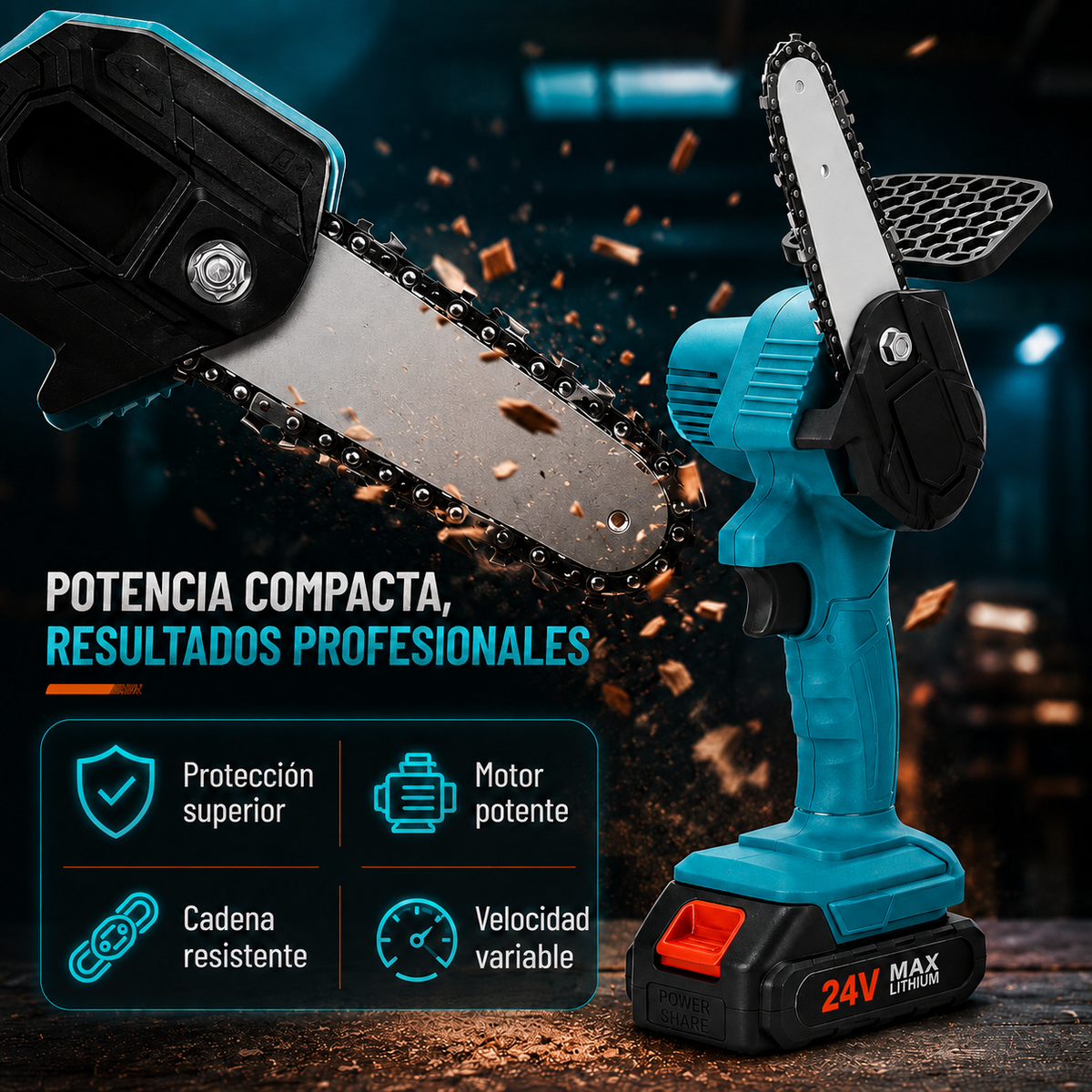 PowerCut 24V™ - Motosierra Eléctrica + Maletín + 2 Baterías GRATIS