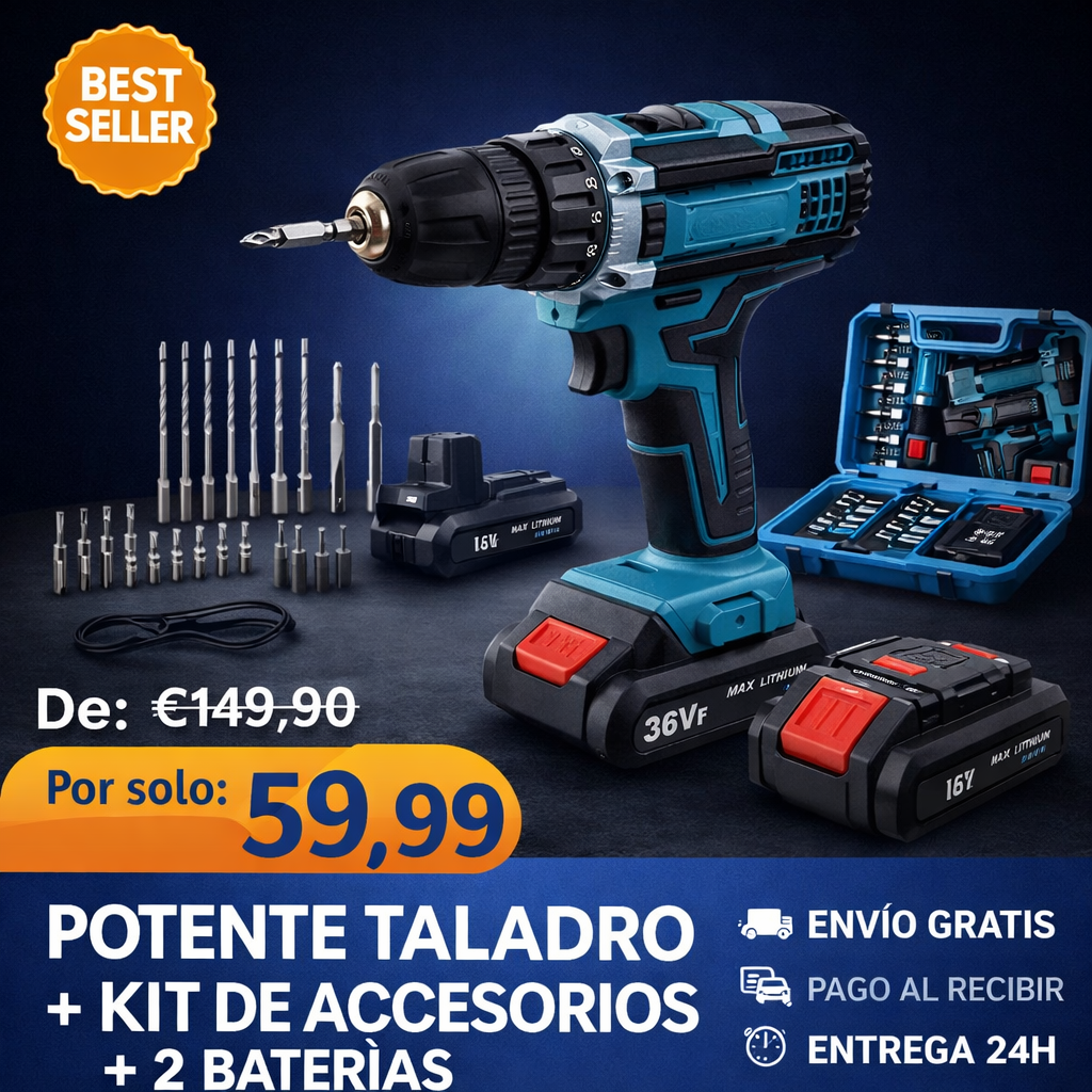 Taladro Percutor + Maletín de Accesorios + 2 Baterías GRATIS