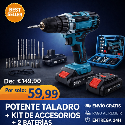 Taladro Percutor + Maletín de Accesorios + 2 Baterías GRATIS