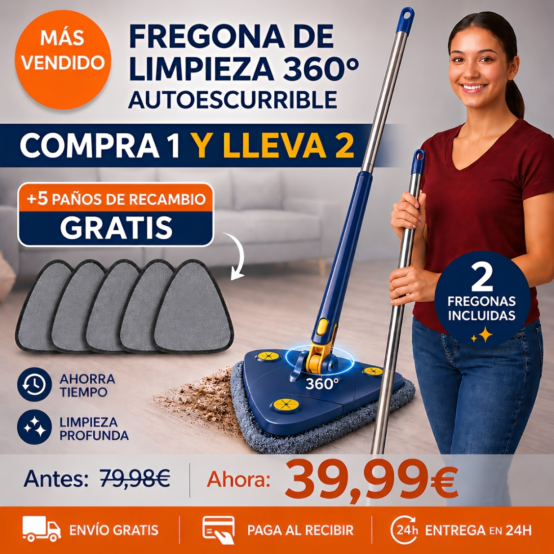 (COMPRA 1 Y LLÉVATE 2) SuperMop® - Fregona 360º Autoescurrible + Kit 5 Paños de recambio GRATIS