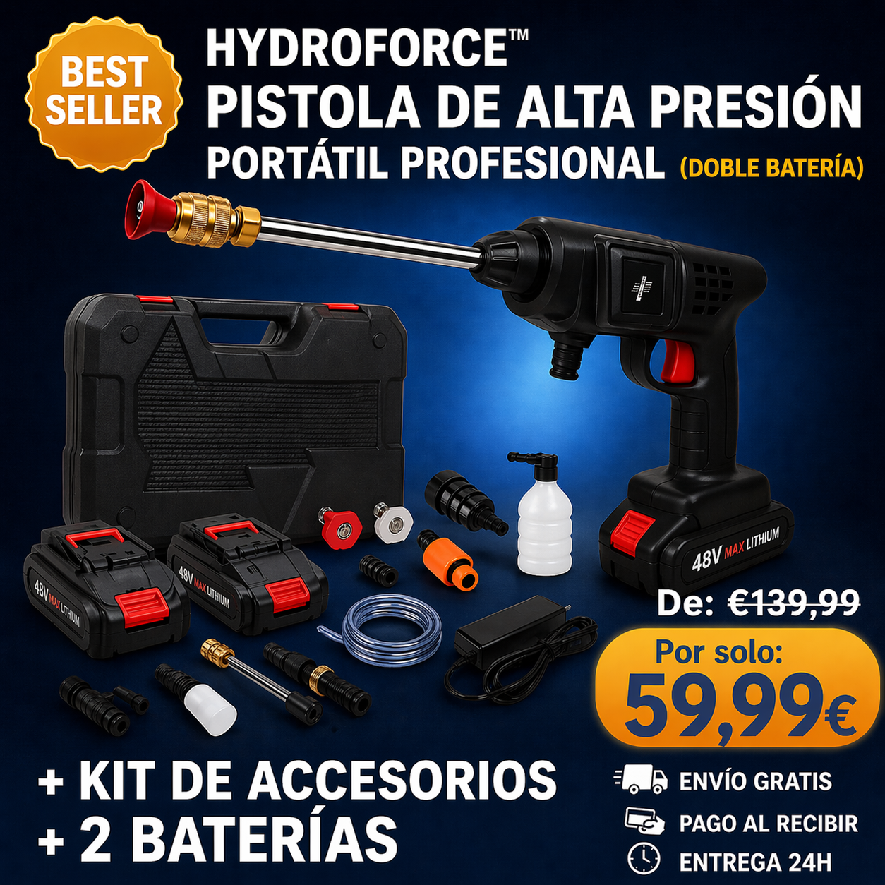 Pistola de Alta Presión + Maletín de Accesorios + 2 Baterías GRATIS [ULTIMAS UNIDADES]