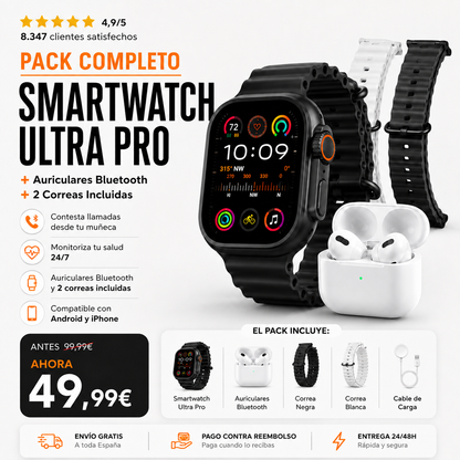 Pack Smartwatch Ultra Pro + Auriculares + 2 Correas GRATIS