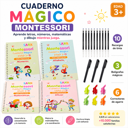 Montessori MagicBook™ – Cuadernos Mágicos Reutilizables - 4unidades (Dibujo, Alfabeto, Números y Matemáticas)