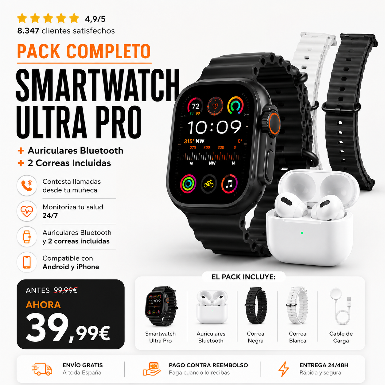 Smartwatch Ultra Pro + Auriculares Bluetooth + 2 Correas GRATIS