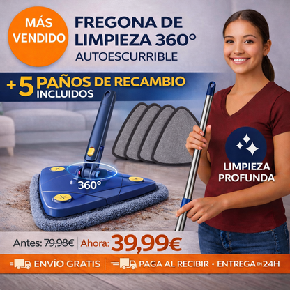 SuperMop® - Fregona 360º Autoescurrible + Kit 5 Paños de recambio